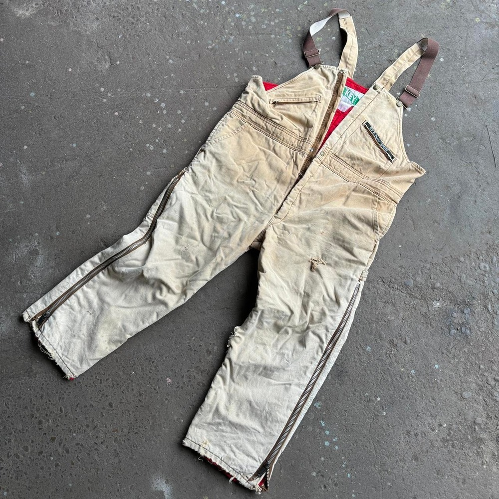 Key Imperial Mens Tan Insulated Canvas Bib Overalls Distressed Vintage Workwear